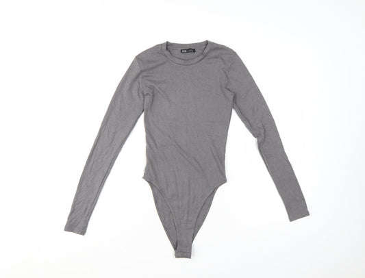ZARA Women Grey Long Sleeve Bodysuit Size S Cotton Blend Stretch