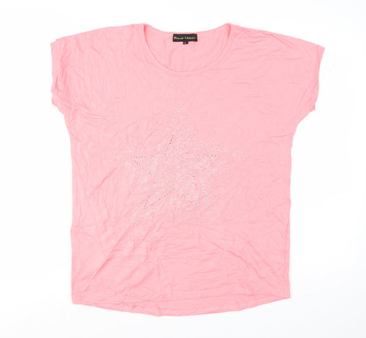 Additional front view of Frank Usher Women Pink Star Sequin Short Sleeve T-Shirt, size S