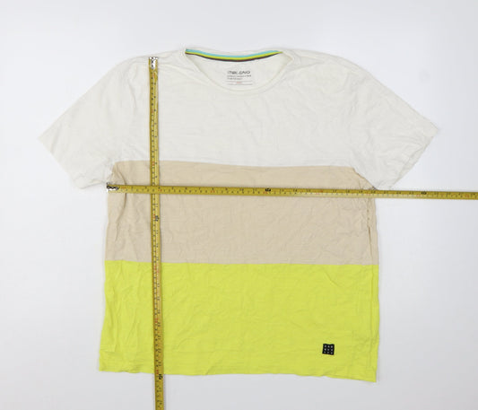 Blend Men's Beige White Yellow Colourblock Cotton T-Shirt L