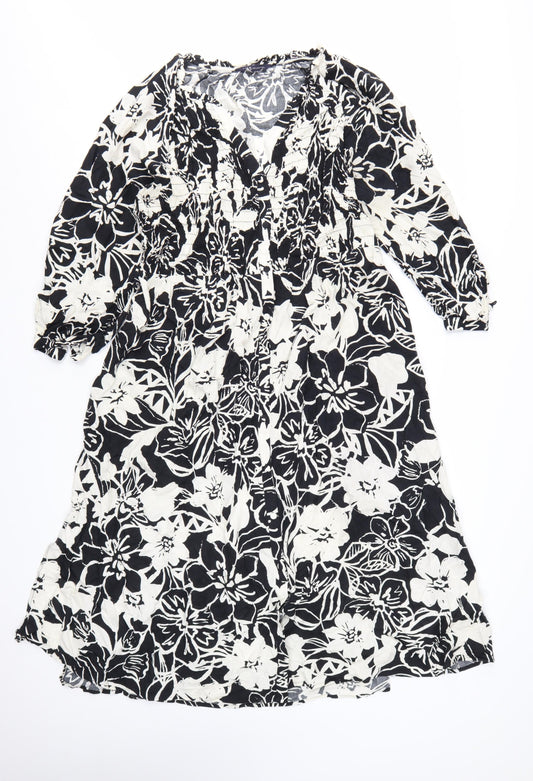 Marks & Spencer Women's Black Floral Midi Fit & Flare Dress Size 16