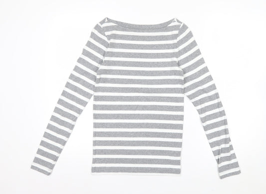 GAP Women Grey White Striped Boat Neck Long Sleeve T-Shirt Size S