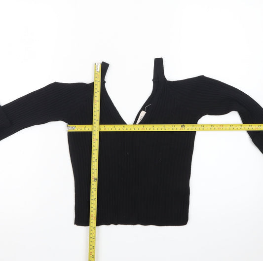 Pins and Needles Womens Black Cropped Knit V-Neck Top S