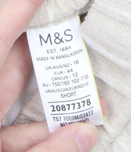 Marks and Spencer Women Beige Striped Linen-Blend Cropped Trousers Size 16