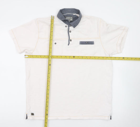 Next Men Beige Short Sleeve Polo Shirt L 100% Cotton Button Pockets