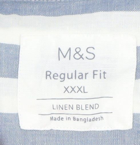 Marks and Spencer Men's Blue Striped Linen Blend Regular Fit 3XL Short Sleeve Shirt