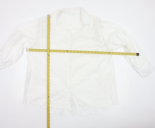 Primark Women White L Collared Lace Button-Up Shirt Long Sleeve