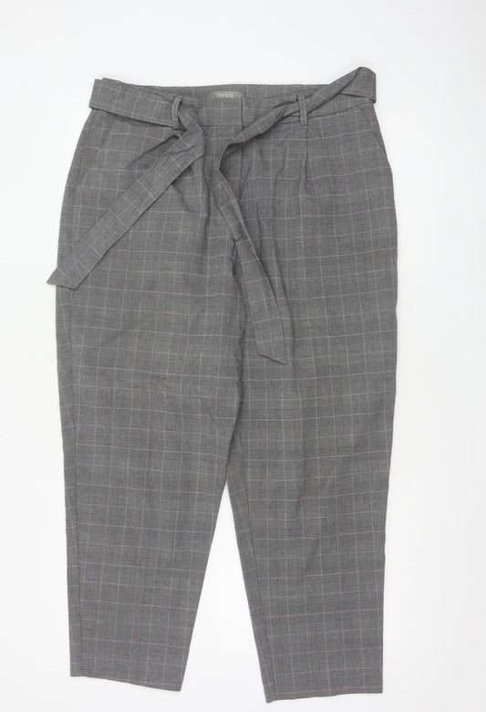 Oasis Womens Grey Check Belted Tapered Trousers Size 14