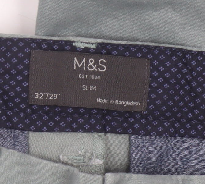 Marks and Spencer Men's Green Slim Fit Chino Trousers 32W 29L