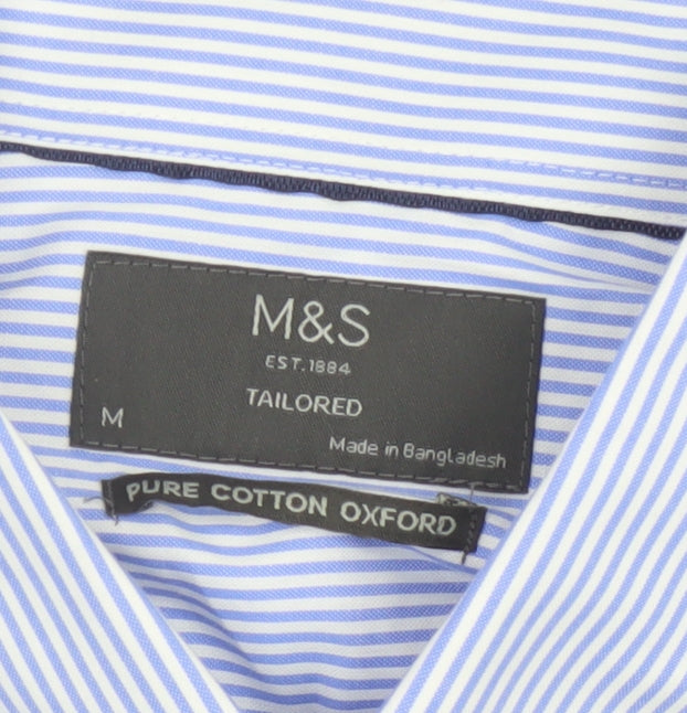 Marks and Spencer Men's Blue Striped Tailored Oxford Cotton Shirt M