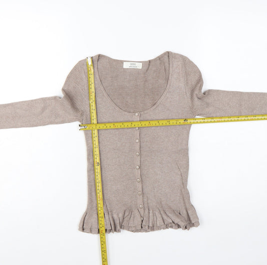 Marks and Spencer Women Beige Size 8 Slim Knit Ruffle Cardigan