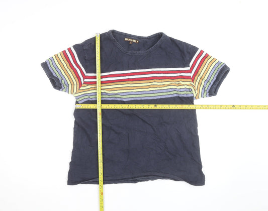 Run & Fly Men's Navy Rainbow Stripe Crew Neck Cotton T-Shirt Size L