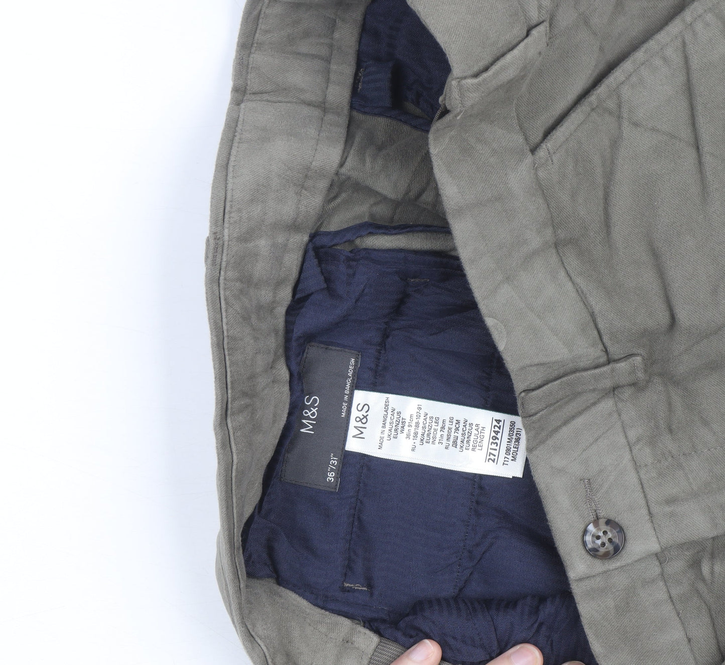 Marks and Spencer Mens Green Linen Chino Trousers 36W 31L Regular Fit