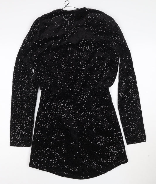 Zara Women Black Sequin Velvet Wrap Dress XS Long Sleeve Party