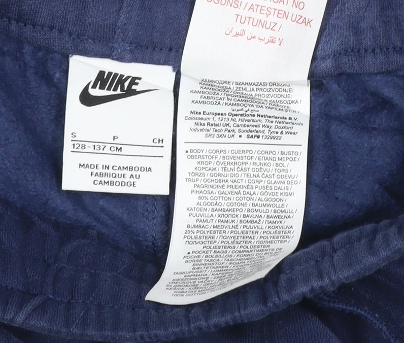 Brand and care label for Nike boys’ blue jogger sweatpants small 128-137cm cotton blend activewear