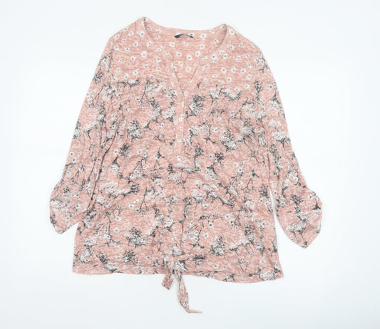Additional front view of Roman Women’s Pink Floral 3/4 Sleeve V-Neck Tie Hem Blouse, size UK 16