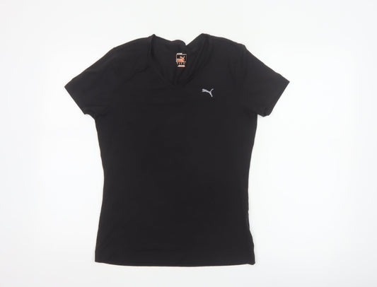 Additional front view of Puma women’s black v-neck slim fit polyester t-shirt, size UK 14