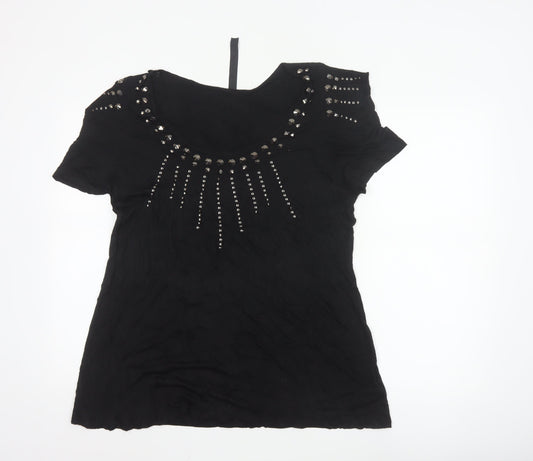 Tu Women’s Black Studded Short Sleeve Scoop Neck Viscose Top Size 20