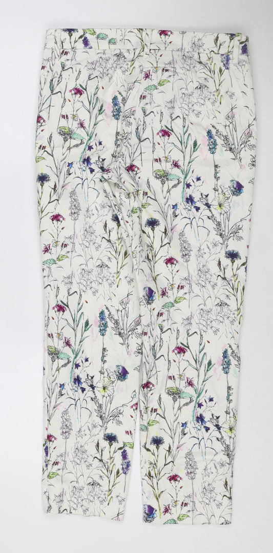 H&M Women White Floral Print Trousers Size 12 Straight Leg