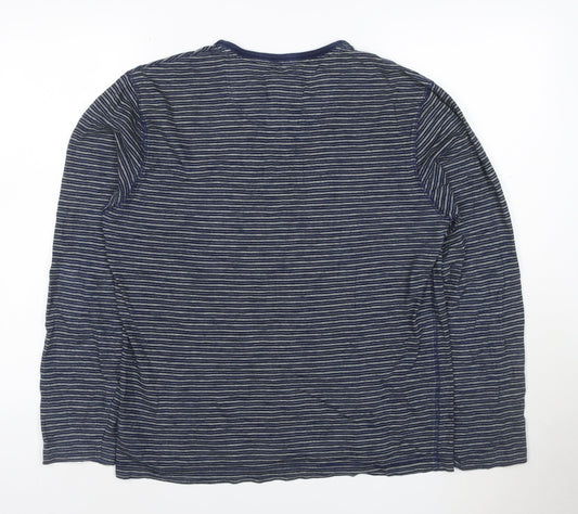 Marks and Spencer Men's Blue Striped Long Sleeve Henley T-Shirt Medium