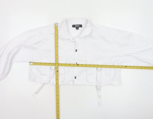 EGO Women's White Cropped Bomber Jacket UK 10 Cotton Blend