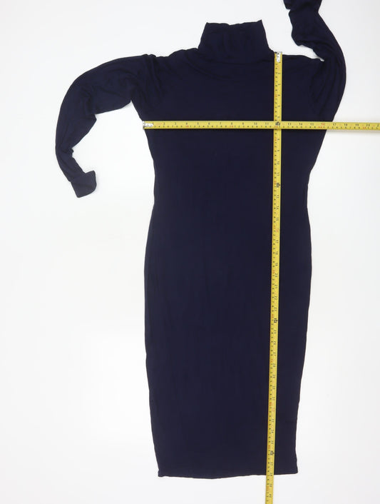 Pink Vanilla Women's Blue Midi Bodycon Roll Neck Jersey Dress Size 14