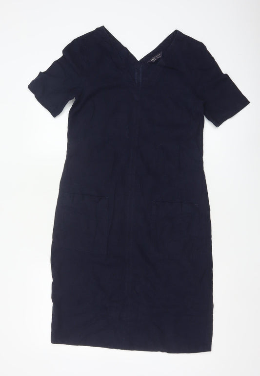 Marks & Spencer Women's Navy V-Neck Linen Blend Shift Dress Size 6