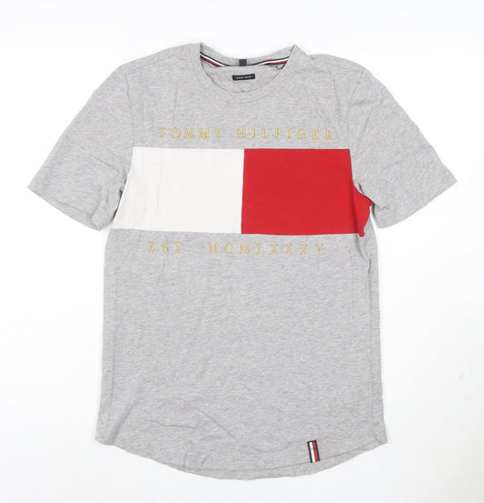 Additional front view of Tommy Hilfiger unisex grey colourblock cotton t-shirt, size S