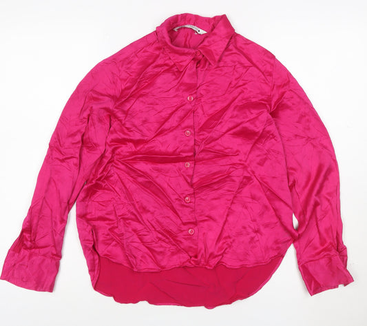 Zara Women Pink Viscose Satin Button-Up Long Sleeve Shirt Size 12