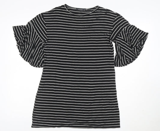 Additional front view of Missguided Women Black White Stripe T-Shirt Dress UK 8 Flared Sleeve