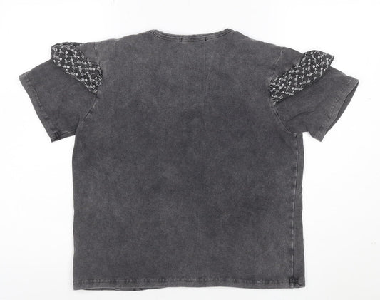 Oasis Womens Grey Ruffle Short Sleeve Cotton T-Shirt Size S