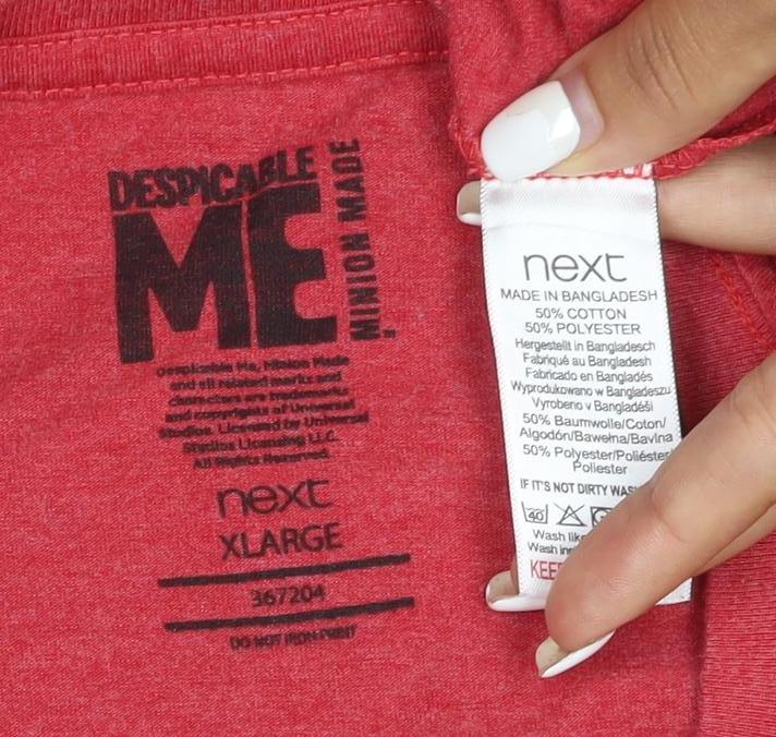 Brand and care label for Next Men's Red Merry Minions Christmas T-Shirt XL Cotton Blend