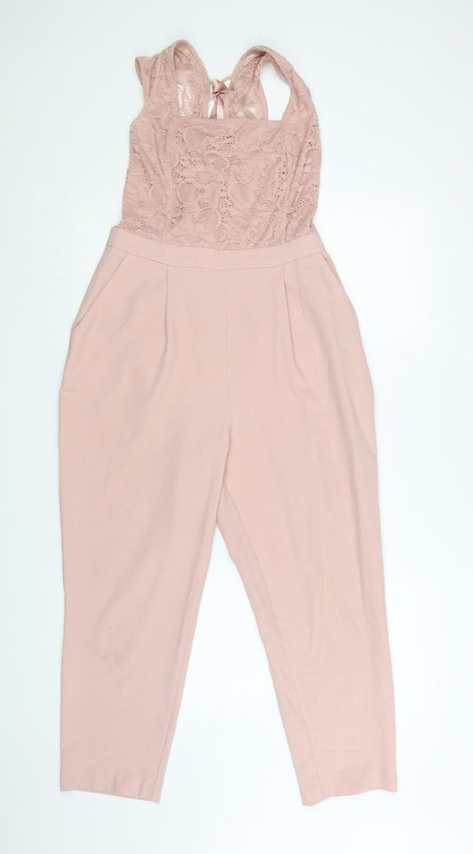 Additional front view of ASOS Women's Pink Lace Backless Jumpsuit, size 10 Slim, Fit