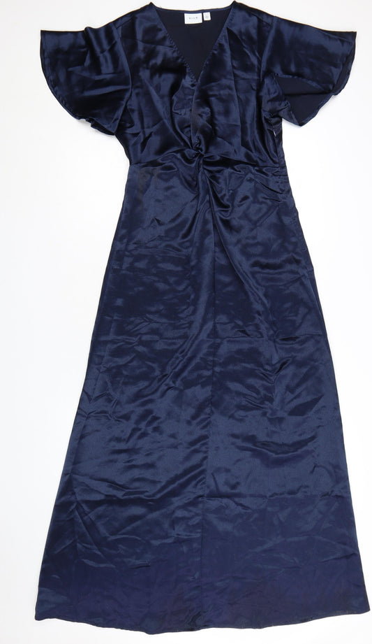 VILA Women Blue Size 10 Long Satin Wrap Dress Short Sleeve