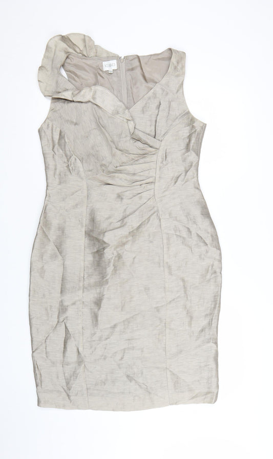 Additional front view of Kaliko Women Beige Linen Blend Sheath Dress, size 14, Formal Wedding
