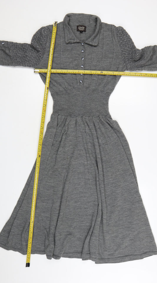 Lowie Women Grey Wool Knit Collared Fit & Flare Midi Dress M