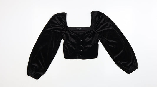 New Look Women Black Velvet Cropped Blouse Size 10 Puff Sleeve