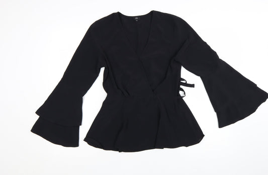 River Island Womens Black Wrap Blouse Size 10 Long Flared Sleeve