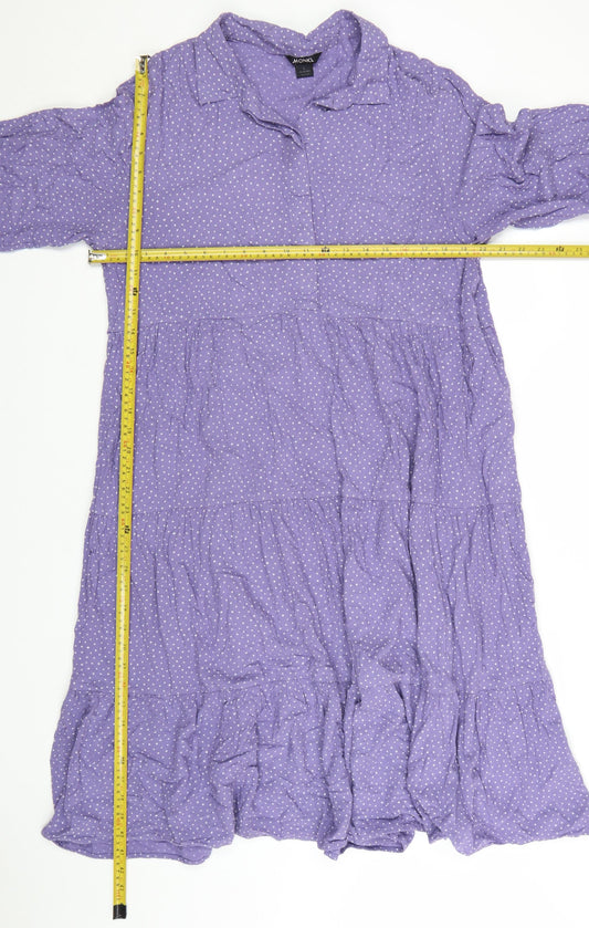 Monki Women Purple Polka Dot Cotton Shirt Dress L