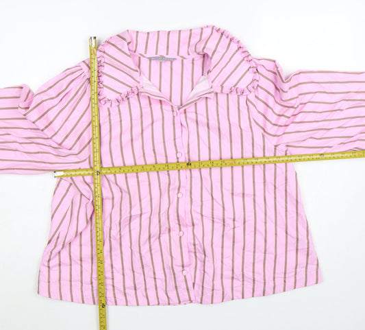 Oliver Bonas Women’s Pink Striped Ruffle Collar Cotton Blouse UK 14