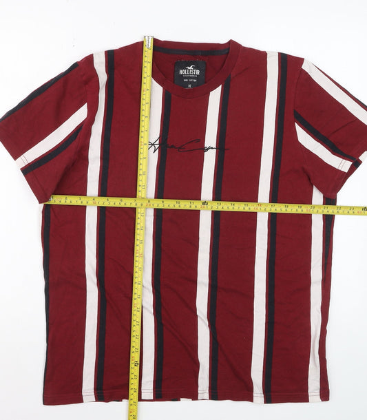 Hollister Men's Red Striped Cotton Crew Neck T-Shirt XL
