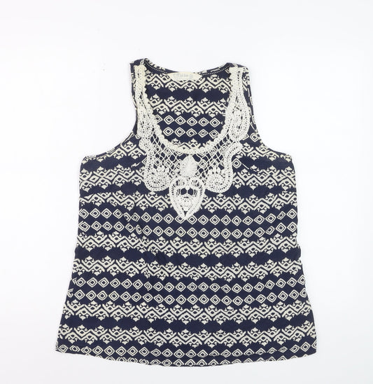 Fat Face Women's Blue Geometric Crochet Cotton Sleeveless Tank Top Size 12