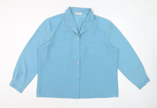 Bonmarché Women Blue Embroidered Collar Long Sleeve Button-Up Blouse Size 22
