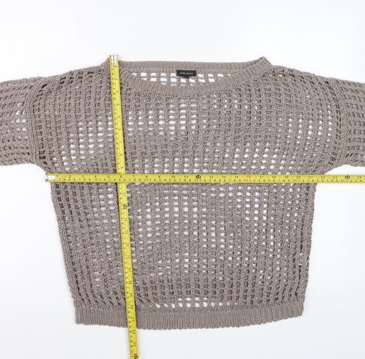River Island Women Beige Open-Knit Short Sleeve Jumper Size 12