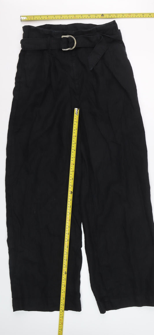 Marks and Spencer Womens Black Linen Belted Wide-Leg Trousers Size 12