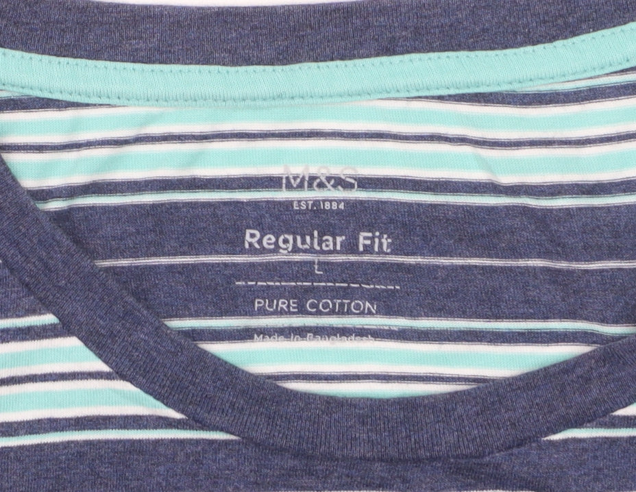Marks and Spencer Men’s Blue Striped Regular Fit Cotton T-Shirt L