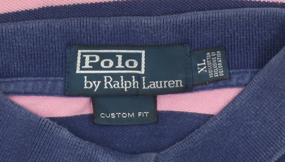 Ralph Lauren Mens Blue Pink Striped Polo Shirt XL Custom Fit
