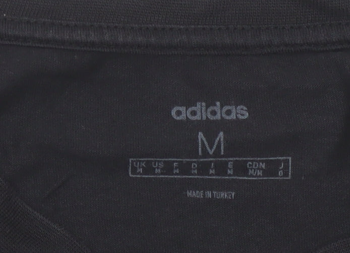 Brand and care label for Adidas Men's Black Short Sleeve Crew Neck Logo T-Shirt, size M