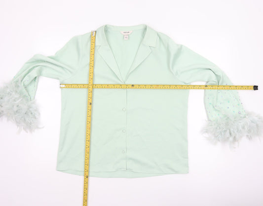 River Island Women Green Button-Up Beaded Feather Sleeve Shirt UK 10