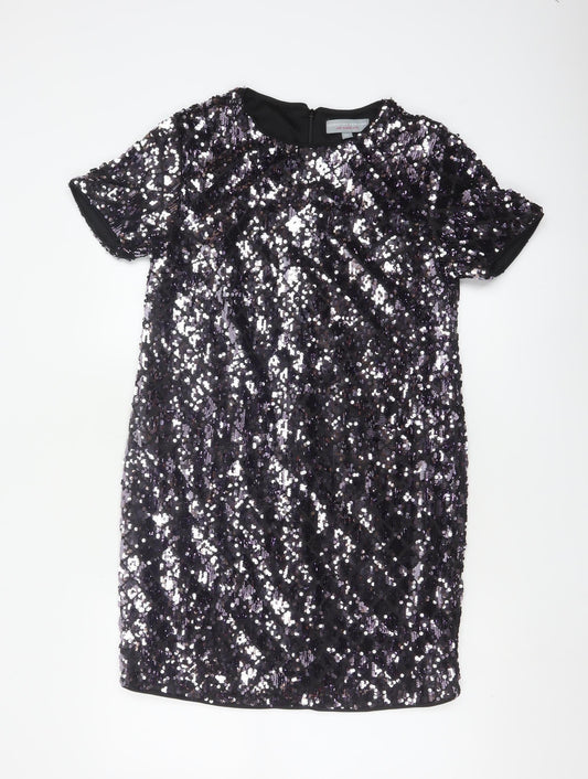 Additional front view of Dorothy Perkins Women Black Sequin Shift Dress UK 10 Party Short Sleeve