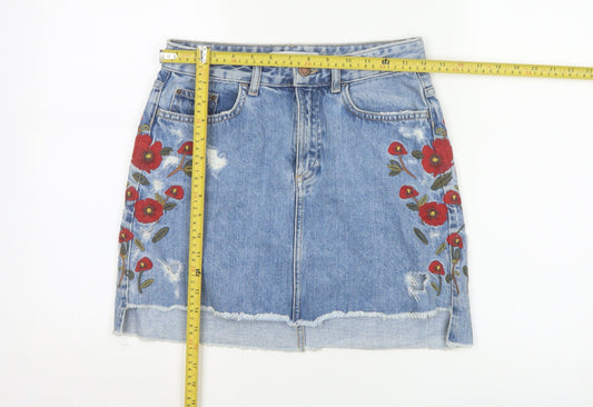 Zara Women Blue Embroidered Floral Denim Short Skirt XS